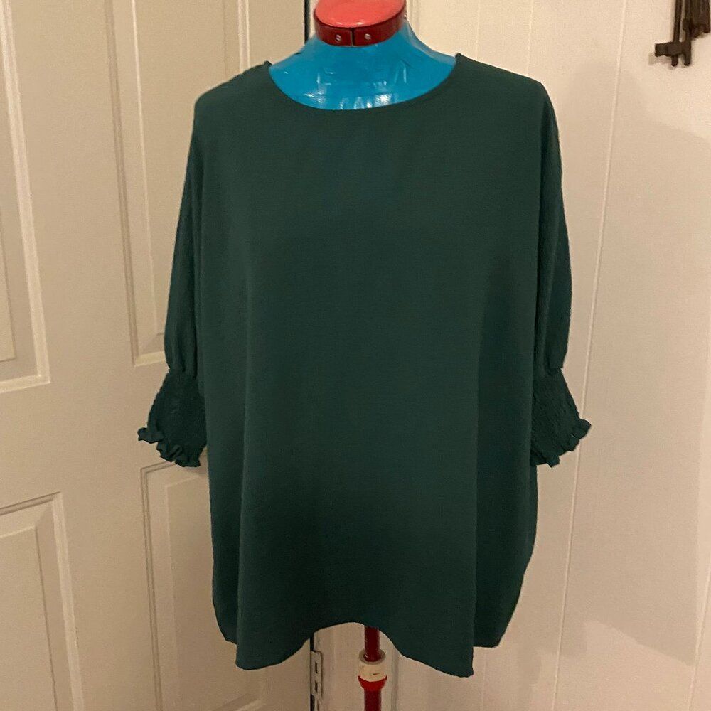 Emerald Green Oversized Short Smocked Cuff Sleeve Womens Top Size M